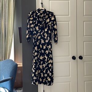 Mango Black Long-Sleeve Floral Midi Dress with Yellow and Cream Flowers